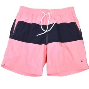 Tommy Hilfiger Pink & Navy Color Block Swim Trunks, Medium